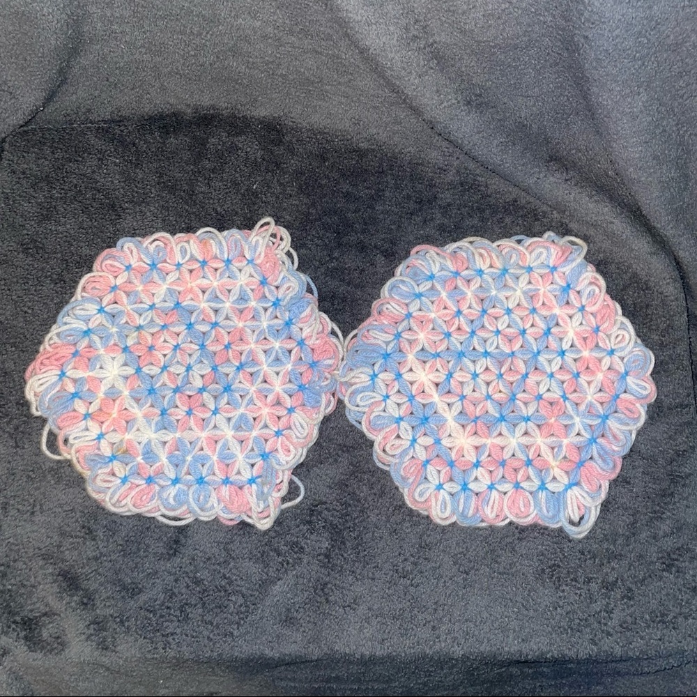 Vintage Handmade Pink, Blue, and White Crocheted Trivets Set of 2.